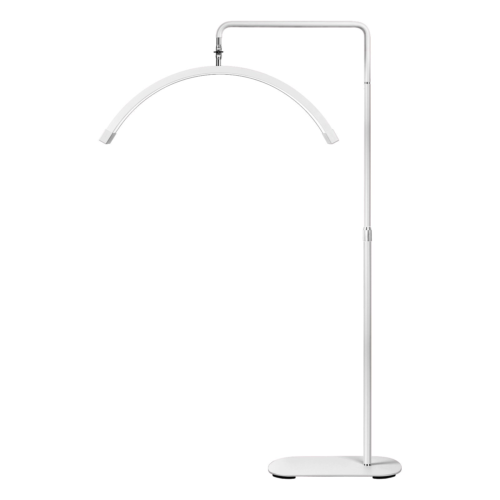 A floor lamp with a half-moon shaped light diffuser, displayed in various positions to show its multi-angle adjustment capabilities.