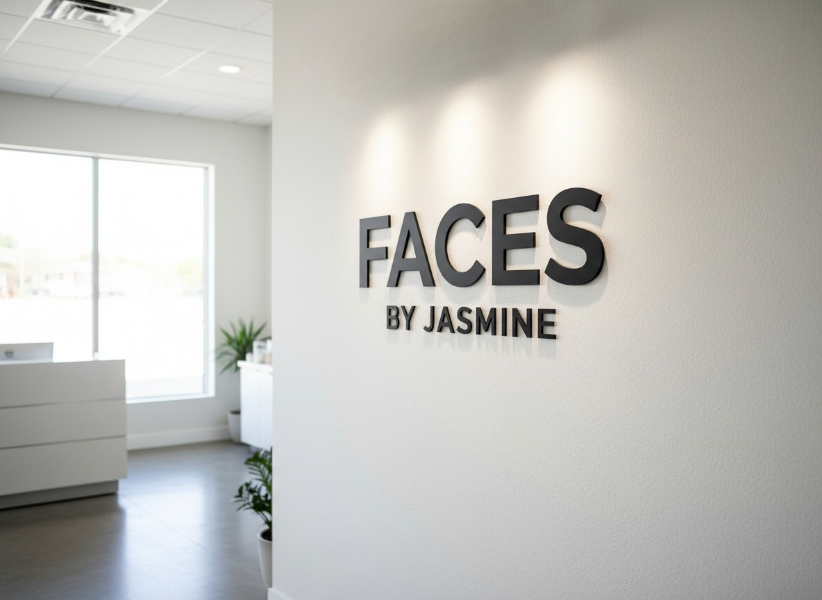 Parete con insegna aziendale con scritte 3D in nero “FACES BY JASMINE” in un ambiente d’ufficio moderno