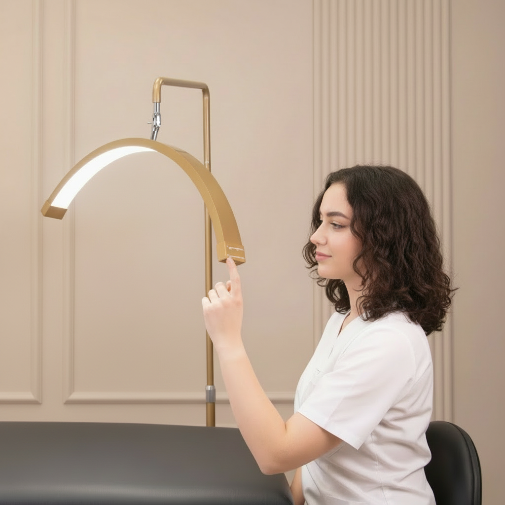 beauty therapist changing the colour temperature and brightness on touchpad of a moon lamp beauty light in gold 