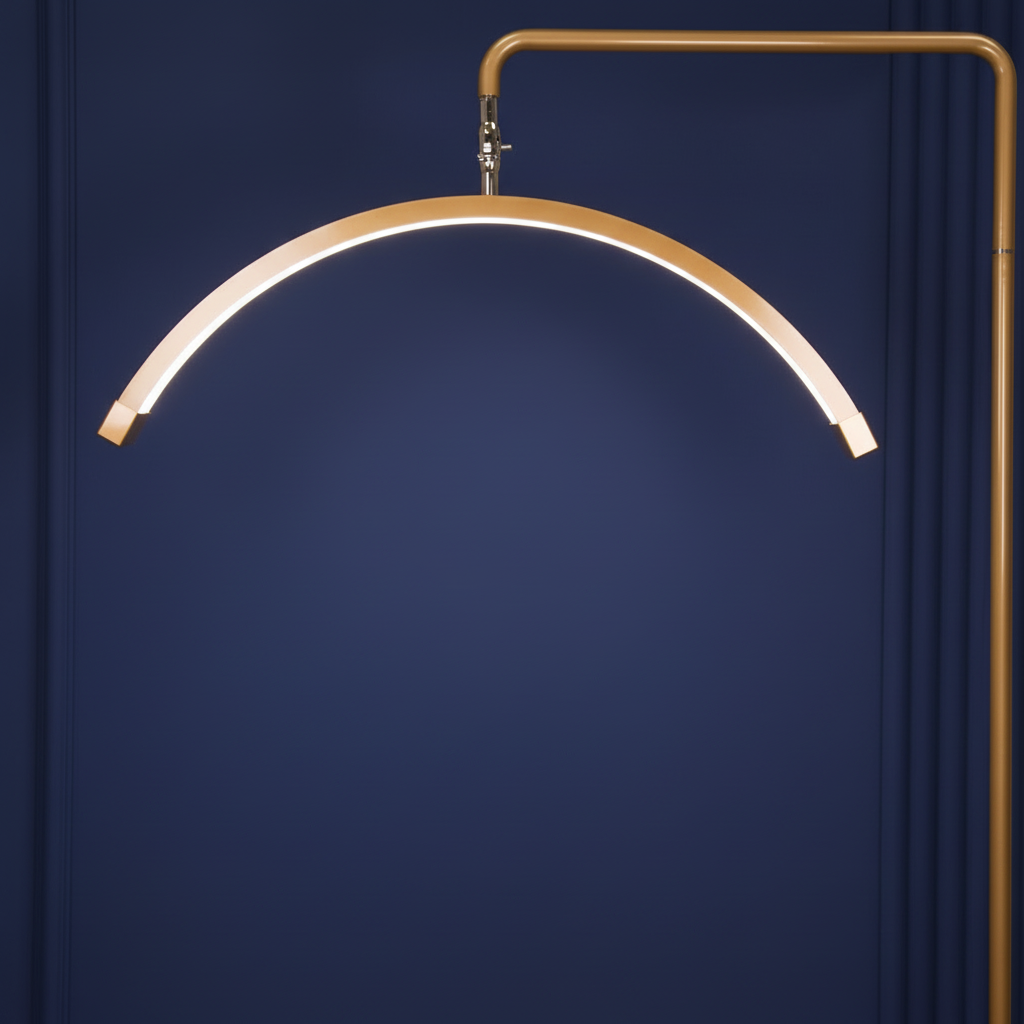 Modern floor lamp with a curved design on a dark blue background