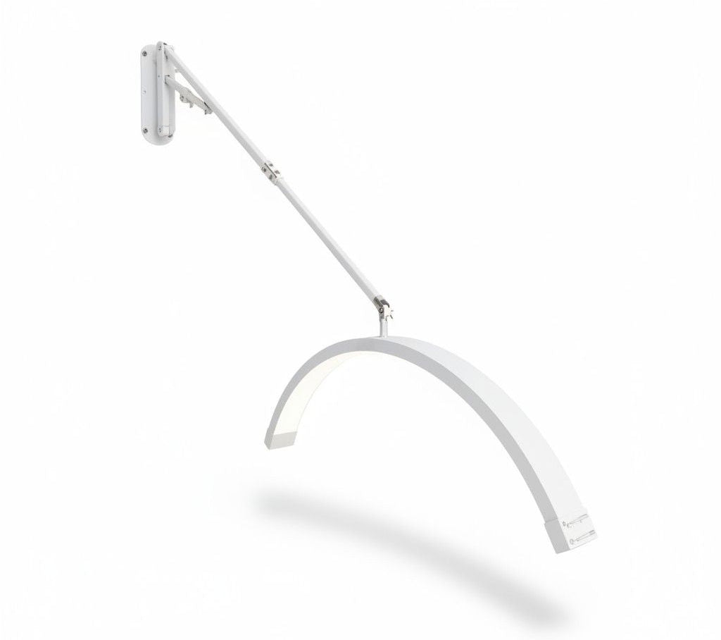 White wall-mounted lamp with adjustable arm on a white background