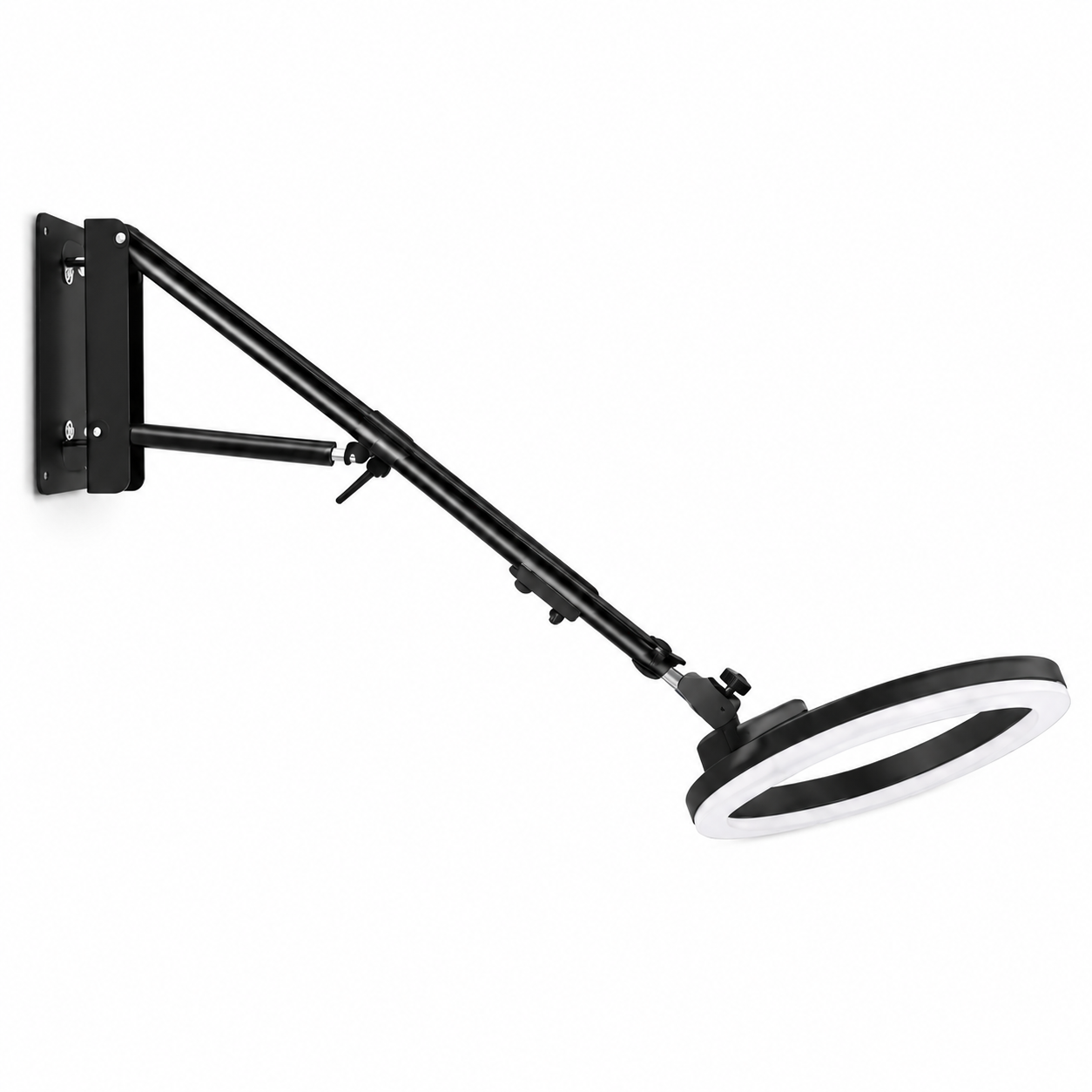 A black adjustable wall-mounted ring light with a long articulated arm and a circular lamp head, shown against a plain white background.
